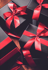 Top view of black Christmas boxes with red ribbon on a black background with copy space for text.