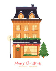 Christmas snowy house. Vector illustration of decorated house with lantern and xmas tree. Winter city landscape. Christmas holiday season. Background for greeting card, poster, banner. Happy New Year