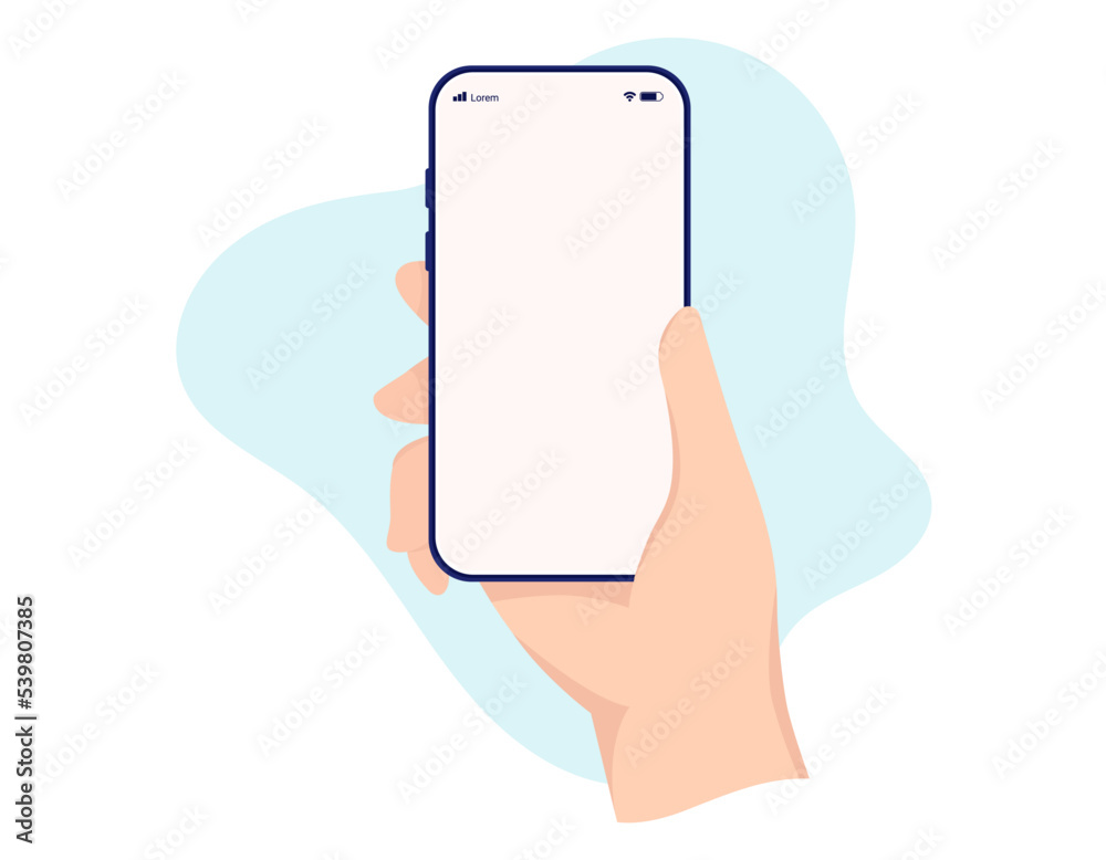 Fototapete hand with phone - flat design vector illustration of smartphone with white empty screen being held s