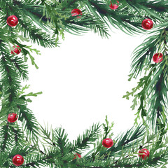 Naklejka na ściany i meble Christmas fir tree and red balls wreath frame. Cut out hand drawn PNG illustration on transparent background. Water colour clipart drawing.