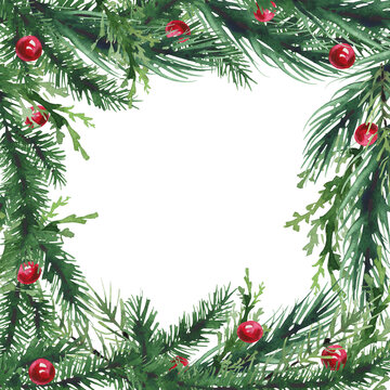 Christmas fir tree and red balls wreath frame. Cut out hand drawn PNG illustration on transparent background. Water colour clipart drawing.