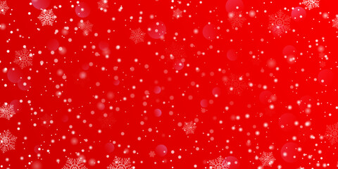 christmas snowy winter landscape background. falling white snowflakes on red background