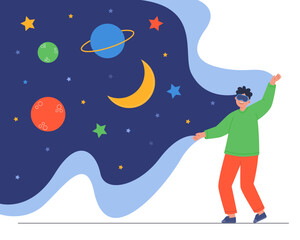 Man in VR glasses looking at galaxy flat vector illustration. Happy boy in glasses of virtual reality looking at space, stars, moon and planets. Technology, innovation, gadget concept