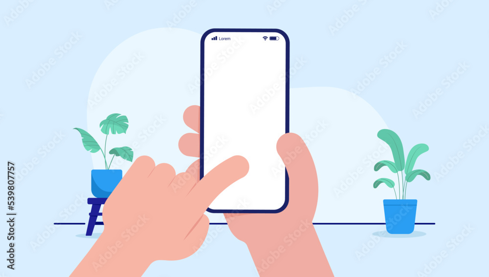 Leinwandbilder using phone touch screen - hands interacting with smartphone with blank white screen. vector mockup 