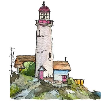 Lighthouse hand drawn sketch a watercolor picture