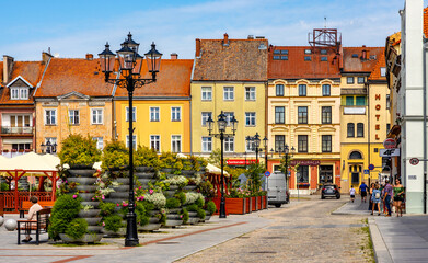 Panorama of Constitution square Plac Konstutucji serving as Rynek Market Square in historic old town center of Bartoszyce in Poland