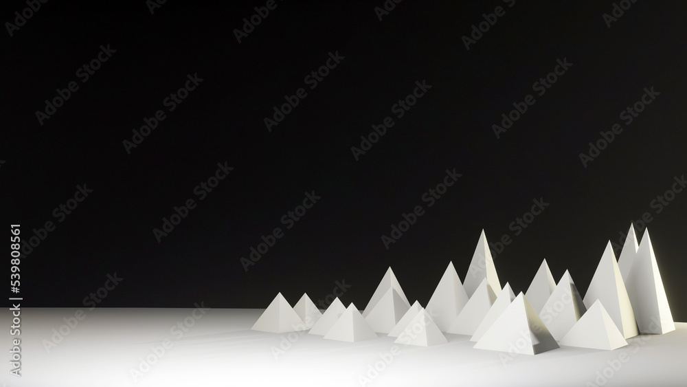 Fototapete 3D triangles stacked on black background with 3D rendering designer.