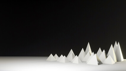 3D triangles stacked on black background with 3D rendering designer.