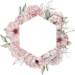 Watercolor peony composition. Floral arrangements. Hand painted clipart. Peony composition. Floral frame