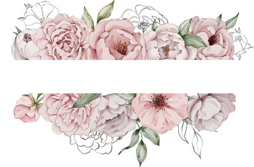 Watercolor peony composition. Floral arrangements. Hand painted clipart. Peony composition. Floral frame