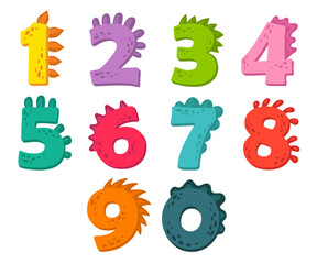 Colorful numbers with dinosaur spikes vector illustrations set. Figures for funny card, game or invitation to birthday party for kids on white background. Decoration, prehistoric monsters concept