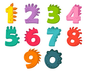Colorful numbers with dinosaur spikes vector illustrations set. Figures for funny card, game or invitation to birthday party for kids on white background. Decoration, prehistoric monsters concept © PCH.Vector