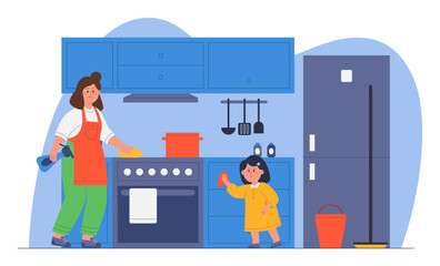 Mother and daughter cleaning kitchen flat vector illustration. Little kid helping parent, wiping dust with mop. Woman cleaning stove with detergents at home. Motherhood, family housework concept