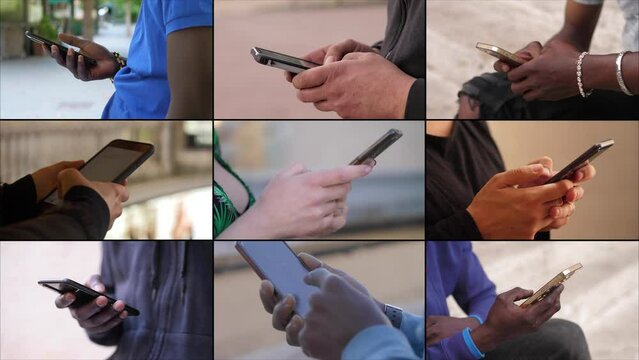 Multiscreen of man and woman hand texting on cellphones. People using smartphone