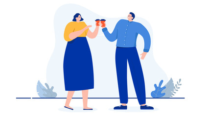 Two people drinking coffee at work - Man and woman making a toast with coffee cups, smiling and talking together. Flat design cartoon vector illustration with white background