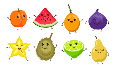 Cute cartoon fruits with funny faces cartoon illustration set. Happy and comic durian, peach, pear, watermelon, fig, kiwi characters or personage on white background. Tropical berries, food concept
