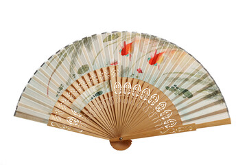 Hand-painted vintage oriental fan with a pond and goldfish, isolated on white.