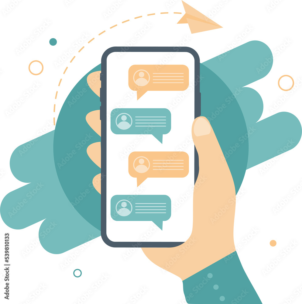 Wall mural hand with smartphone in modern flat style. messaging and text message sending or receiving as sms co
