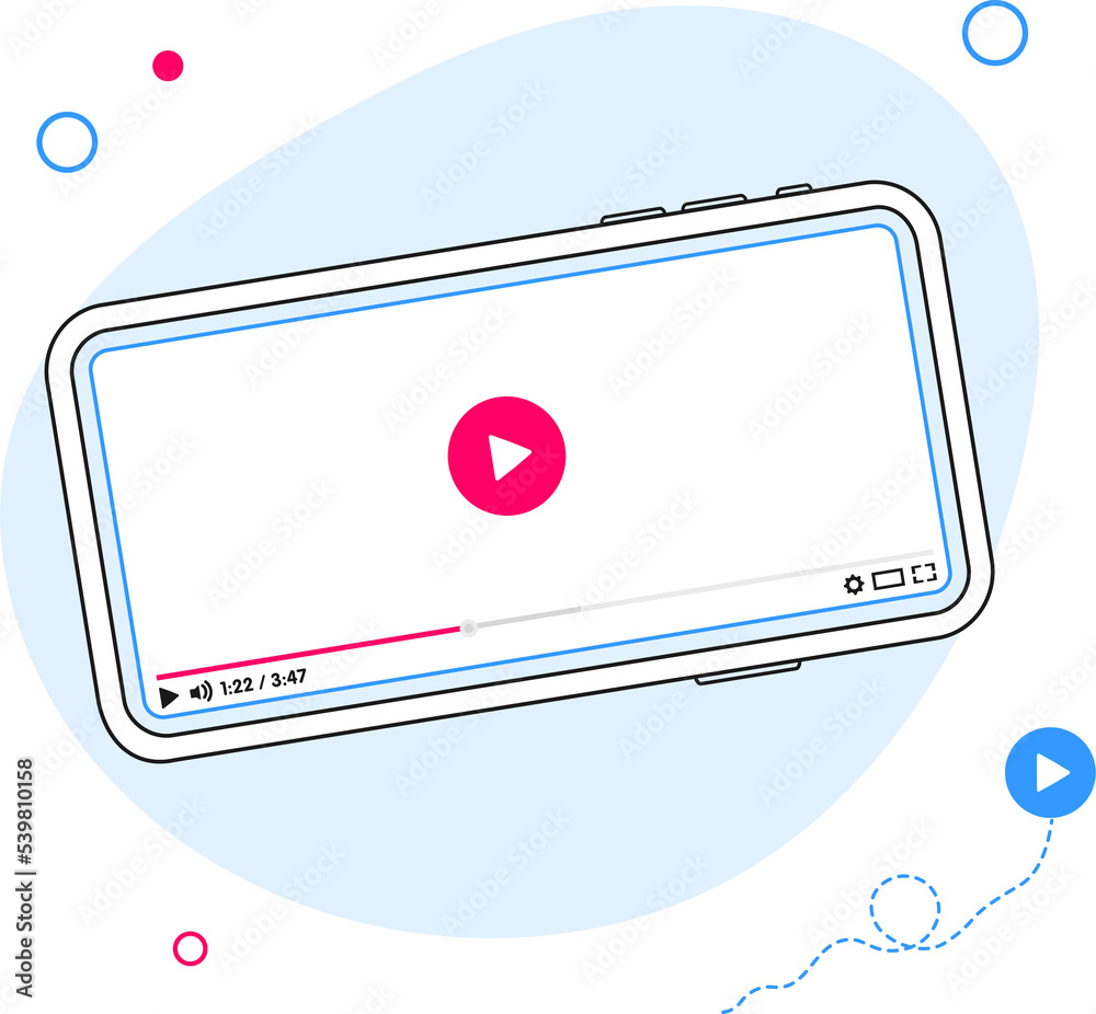 Wall mural line video player design template for web and mobile apps flat style. mockup phone video player. fla