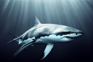 Fototapeta premium Close view to a great white shark underwater