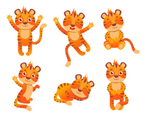 Tiger character in different poses vector illustrations set. Cute funny wild animal cartoon character smiling and waving, symbol of 2022 on white background. Wildlife, nature, New Year concept