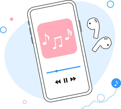 Music player interface with buttoms, loading bar, sound wave sign with headphones.  Flat outline illustration