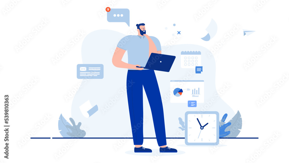Poster man working and thinking - person standing with laptop computer contemplating and doing work. flat d