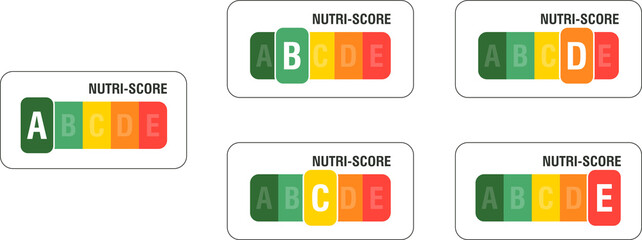Nutri score for packaging design. Logo, icon, label.  Illustration