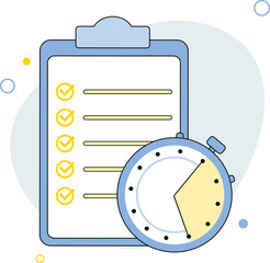 Timing concept with clock and checklist on clipboard. Paper test with timer, checklist, exam concept illustration flat design - obrazy, fototapety, plakaty