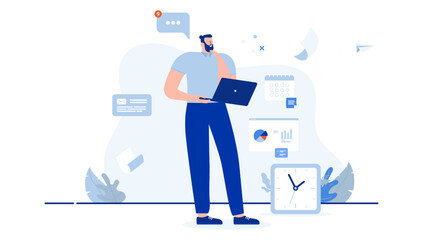 Man working and thinking - Person standing with laptop computer contemplating and doing work. Flat design cartoon vector illustration with white background