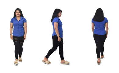 front, back and side view of same woman walking on white background