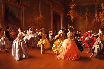 illustration of a dance in the castle of the baroque era - obrazy, fototapety, plakaty