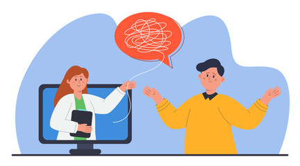 Man having psychotherapy session online flat vector illustration. Sad man talking with psychologist during consultation, asking for help, support or advice. Psychology, mental health, therapy concept
