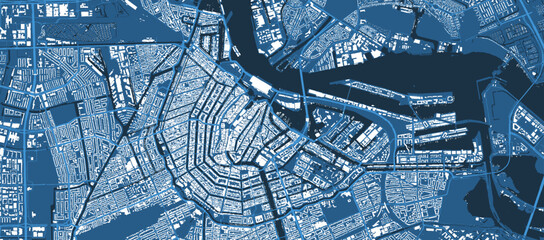 Detailed blue vector map poster of Amsterdam city, linear print map. Skyline urban panorama. Decorative graphic tourist map of Amsterdam territory.