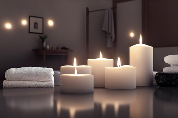 Fototapeta na wymiar Beautiful atmospheric, spa or massage interior with candles and towels, 