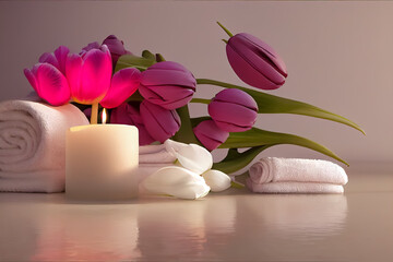 Beautiful spa composition with candles towels and pink tulips