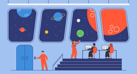 Spaceship bridge interior with captain and crew members. People inside space station control room or on deck of ship flat vector illustration. Space, science concept for banner or landing web page © PCH.Vector