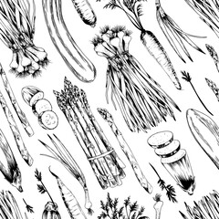 Seamless pattern with hand drawn farm vegetables. Vector illustration on white background.