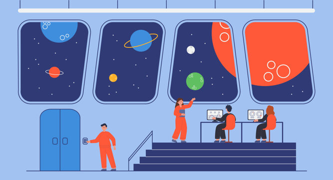 Spaceship bridge interior with captain and crew members. People inside space station control room or on deck of ship flat vector illustration. Space, science concept for banner or landing web page