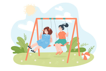 Cute cartoon girls swinging on swings on playground. Friends having fun and enjoying time together flat vector illustration. Childhood, leisure, friendship concept for banner or landing web page