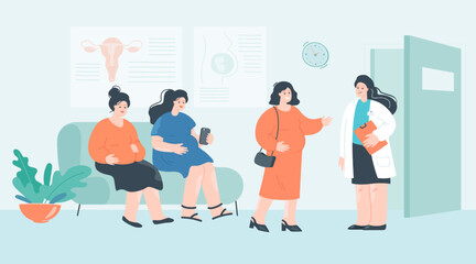 Pregnant women standing in line in hospital flat vector illustration. Women having gynecologist appointment, sitting in clinic hallway, talking with specialist about baby health. Motherhood concept