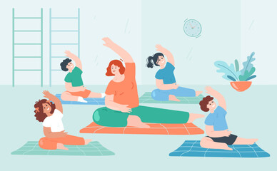 Cartoon instructor and group of children doing yoga exercises. Gym interior with yoga class for kids flat vector illustration. Healthy lifestyle concept for banner, website design or landing web page