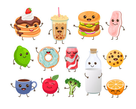 Breakfast food characters with cute faces. Funny pancake, bacon, bottle of milk, apple, cookie, cup of coffee, toast and drinks on white background. Healthy food, meal cartoon illustration set concept