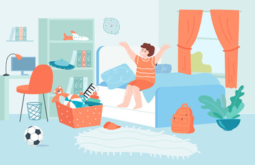 Happy boy stretching in bedroom after waking up. Smiling little kid sitting on bed, getting ready for new day on weekend flat vector illustration Morning routine concept