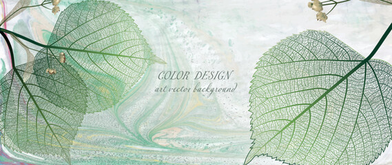 Modern creative design,  background marble texture with leaves. Vector illustration.