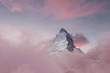 view to the majestic Matterhorn mountain in the evening pink mood