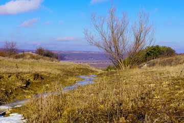 Picturesque hilly valley of Eastern Europe. Background with copy space