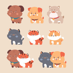 Cute puppies and kitties vector cartoon characters set isolated on background.