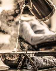 Barber shop, razor. Vintage straight razor. Hair salon. Closeup straight razor, vintage. Straight razor, barbershop, towel. Barber shop salon. Men haircut. Man in barbershop salon. Bearded man, beard