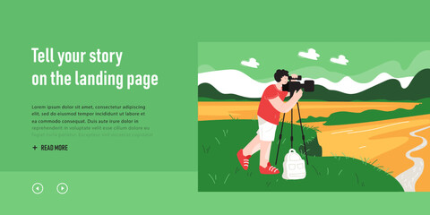 Male cartoon photographer taking picture of landscape. Man with camera on tripod outside flat vector illustration. Photography, nature concept for banner, website design or landing web page